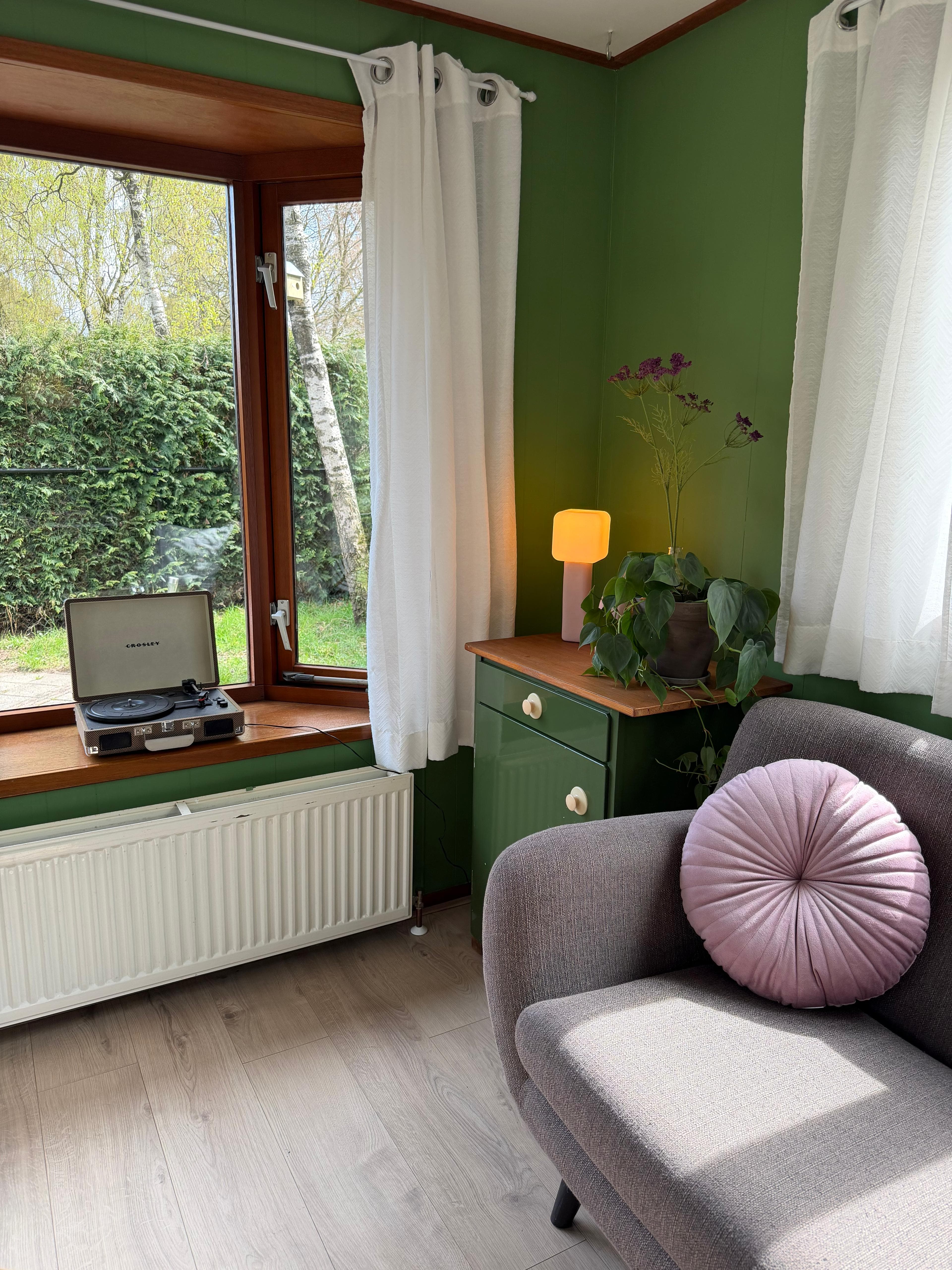 Gezellige zithoek in Bosbreak met groene wanden en warme verlichting